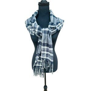 Scottish-Made 100% Cashmere Plaid Scarf Fringe Blk Grey Old Money Organic Fabric